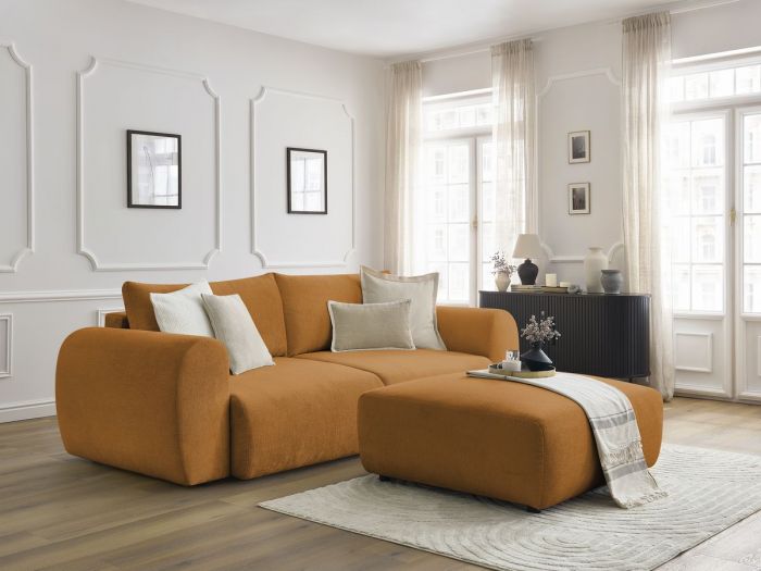 Canapé droit convertible coffre LUCIEN tissu lisse avec pouf