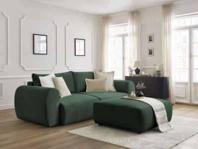 Canapé droit convertible coffre LUCIEN tissu lisse avec pouf