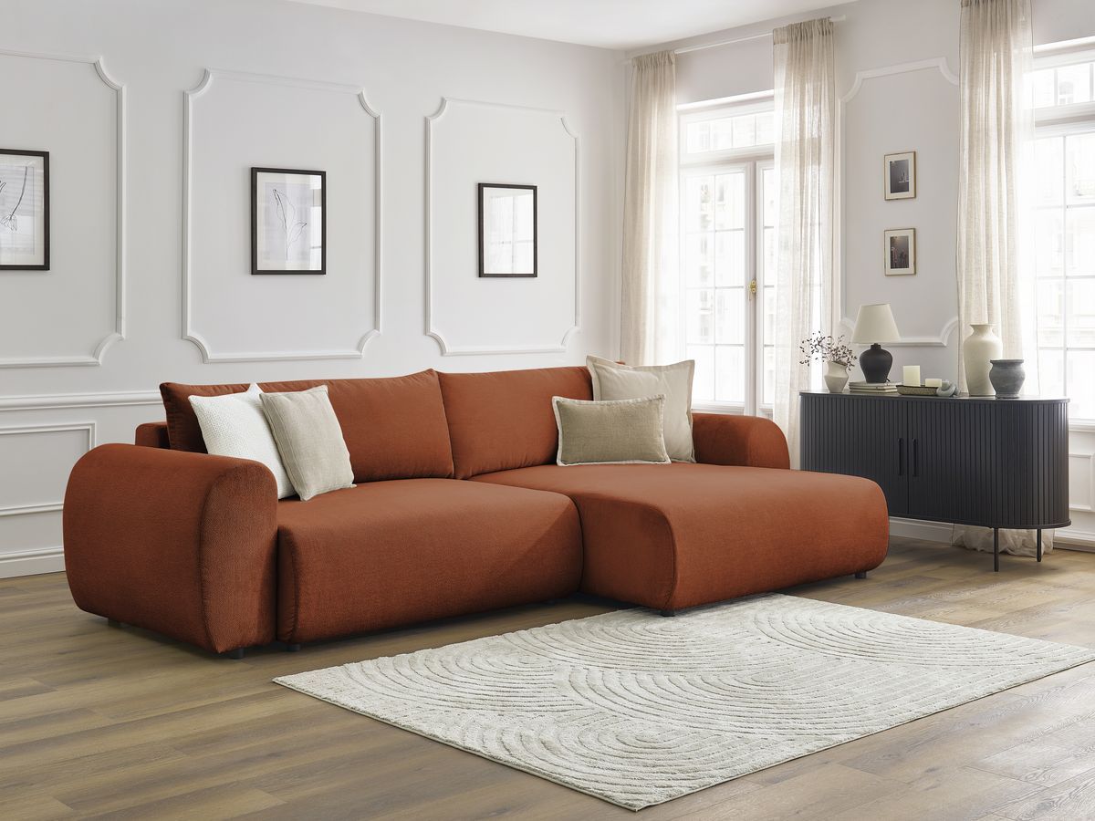 Canapé d'angle convertible coffre LUCIEN tissu lisse orange  angle droit BOBOCHIC 4 places