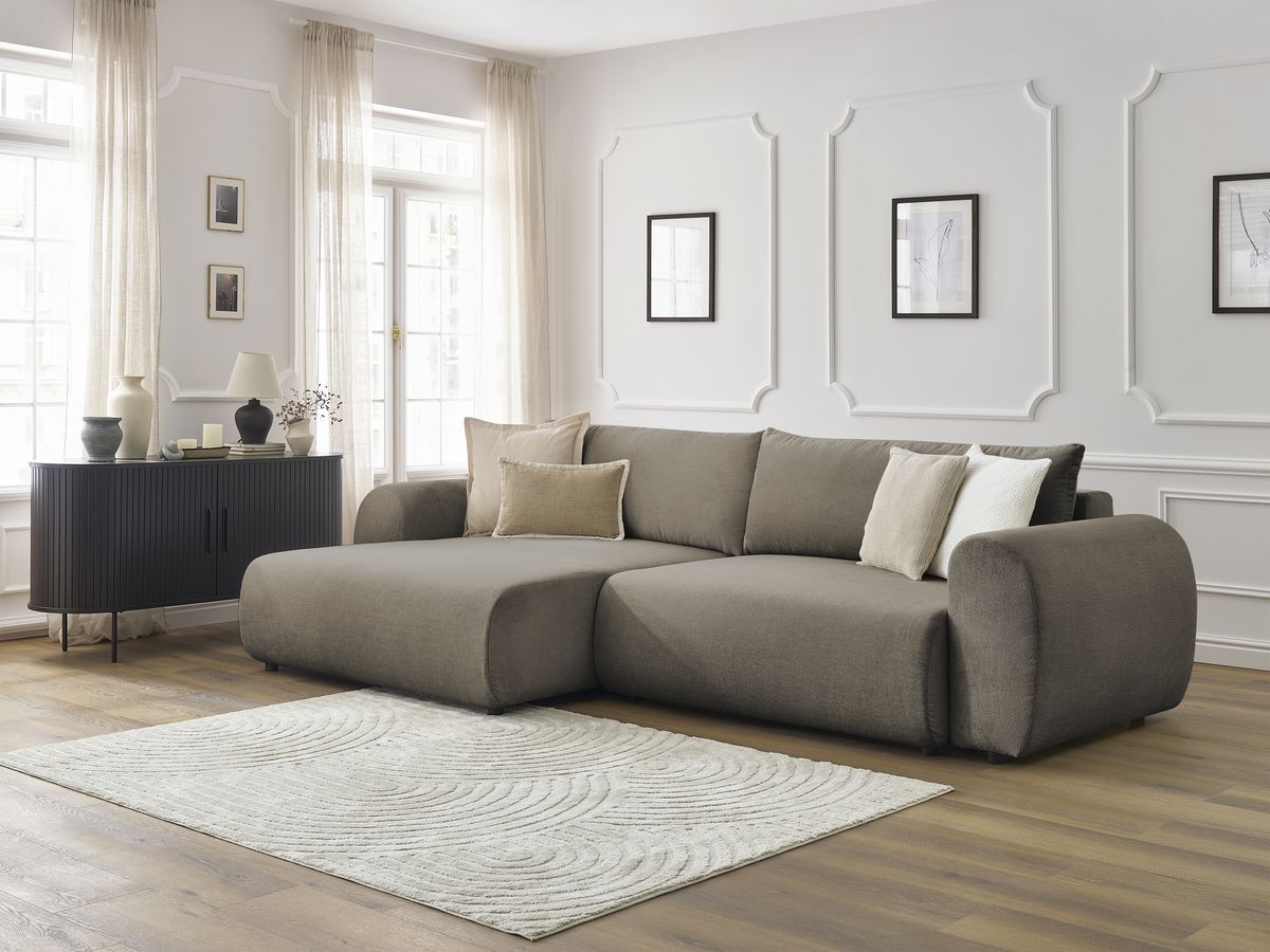 Canapé d'angle convertible coffre LUCIEN tissu lisse taupe  angle gauche BOBOCHIC 4 places