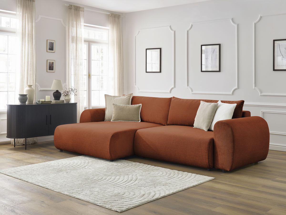 Canapé d'angle convertible coffre LUCIEN tissu lisse orange  angle gauche BOBOCHIC 4 places