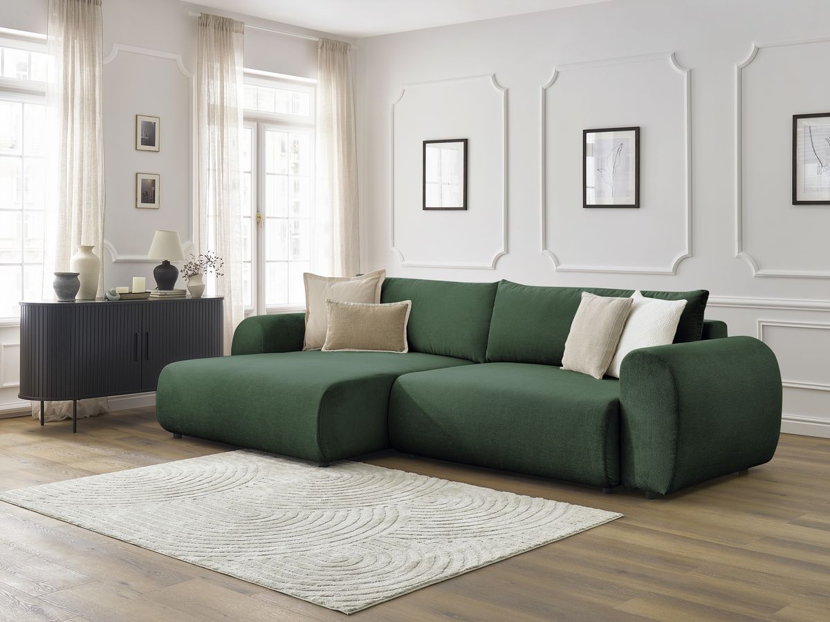 Canapé d'angle convertible coffre LUCIEN tissu lisse vert  angle gauche BOBOCHIC 4 places