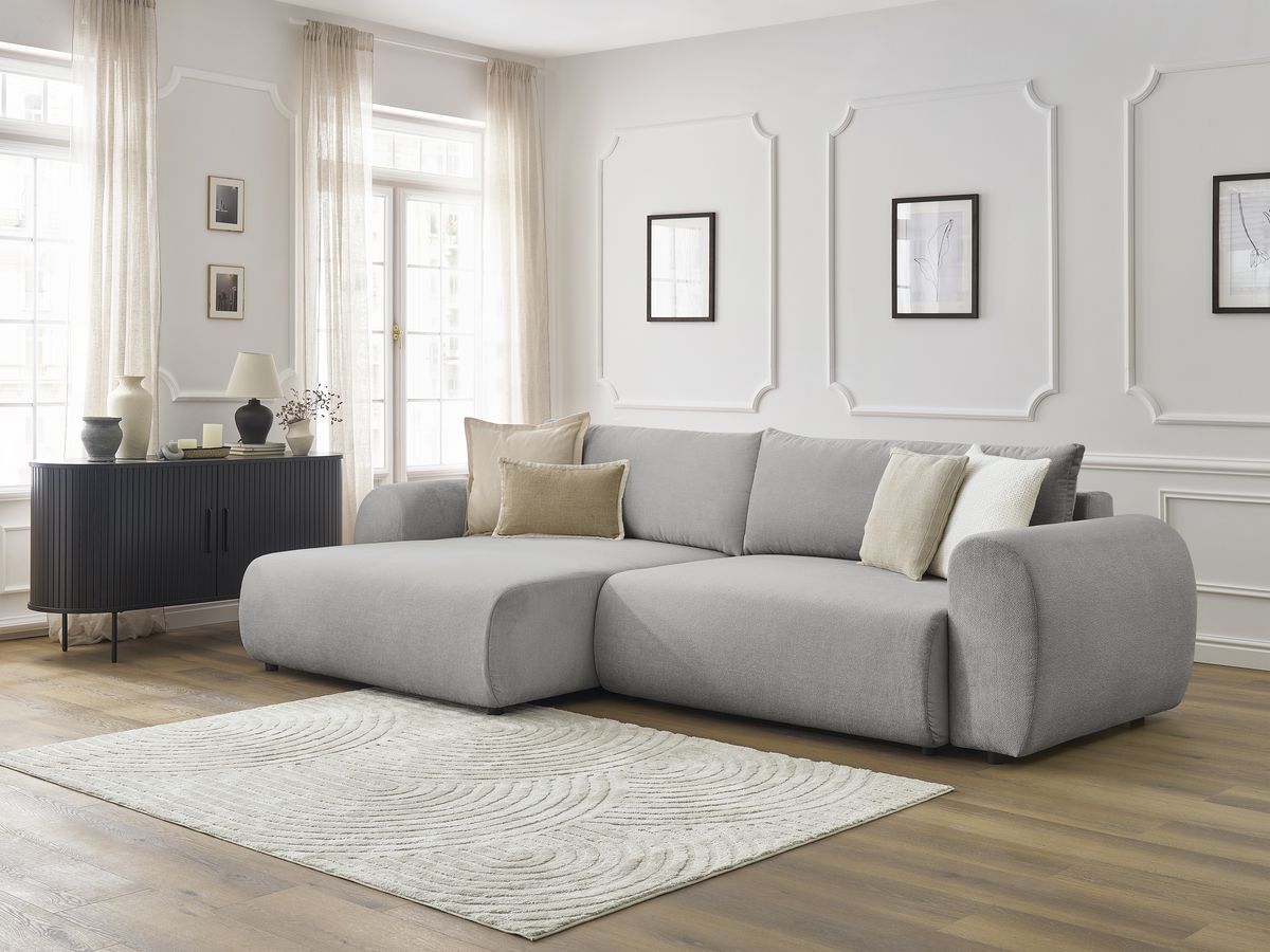 Canapé d'angle convertible coffre LUCIEN tissu lisse gris clair  angle gauche BOBOCHIC 4 places