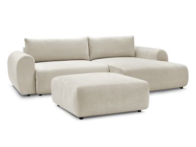 Canapé d'angle convertible coffre LUCIEN tissu lisse avec pouf