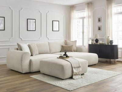 Canapé d'angle convertible coffre LUCIEN tissu lisse avec pouf