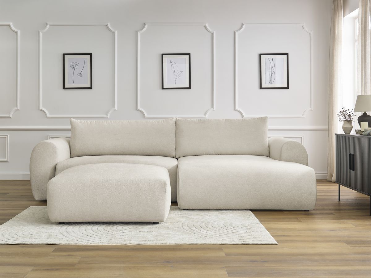 Canapé d'angle convertible coffre LUCIEN lisse avec pouf beige — vue 5