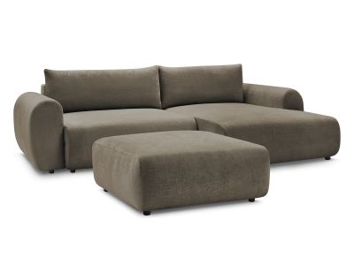 Canapé d'angle convertible coffre LUCIEN tissu lisse avec pouf