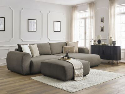 Canapé d'angle convertible coffre LUCIEN tissu lisse avec pouf