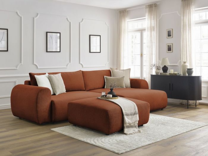Canapé d'angle convertible coffre LUCIEN tissu lisse avec pouf