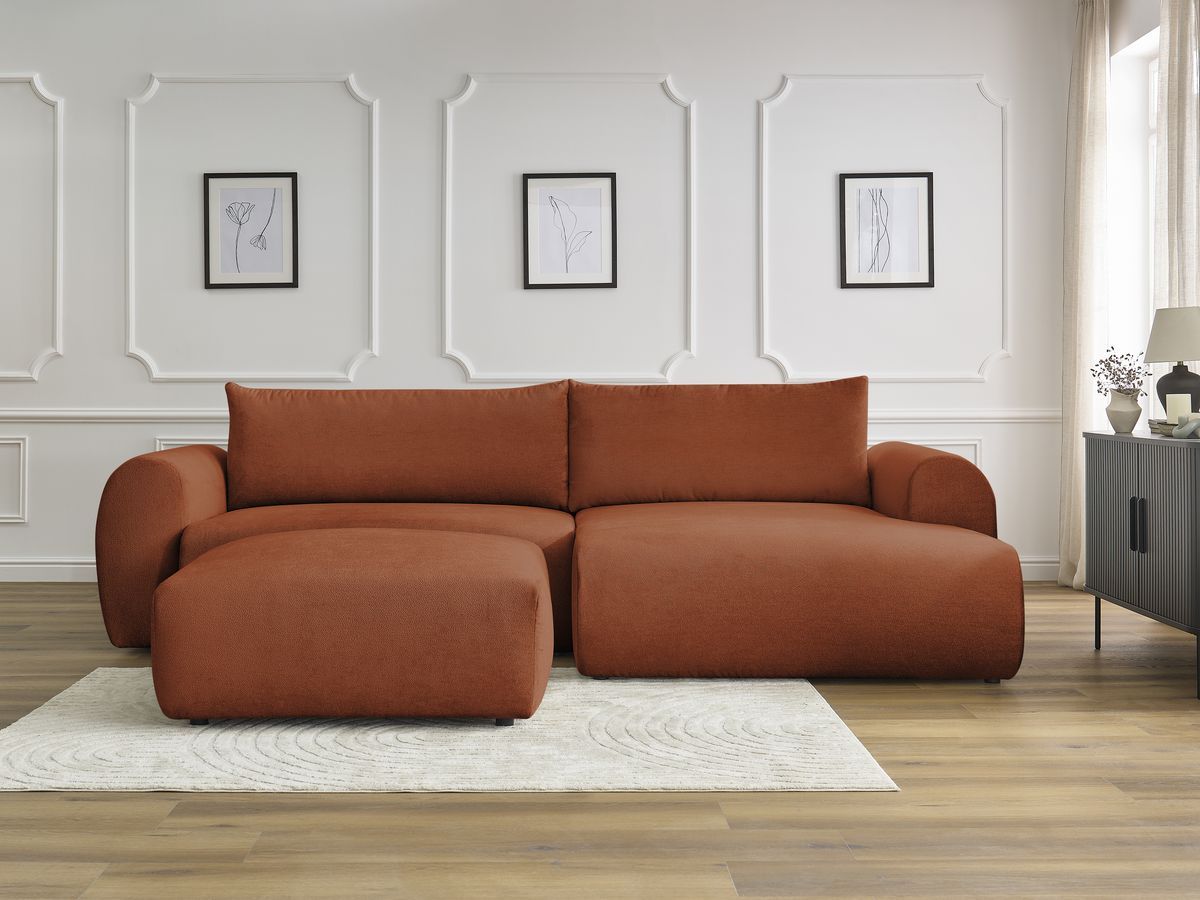 Canapé d'angle convertible coffre LUCIEN lisse avec pouf orange — vue 5
