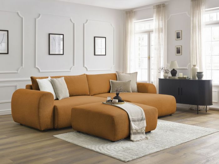 Canapé d'angle convertible coffre LUCIEN tissu lisse avec pouf