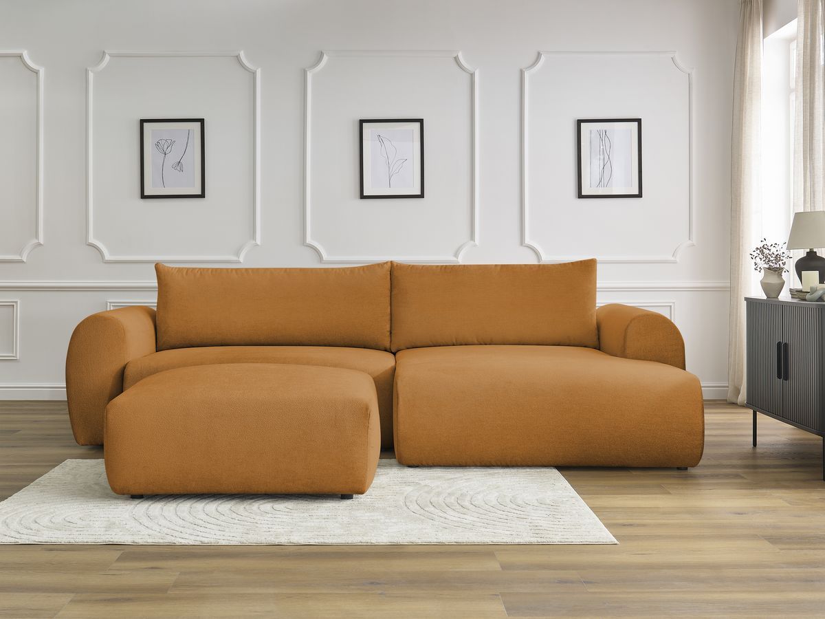 Canapé d'angle convertible coffre LUCIEN lisse avec pouf jaune — vue 5