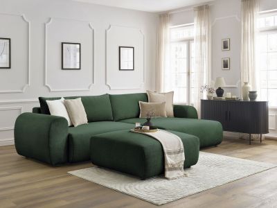 Canapé d'angle convertible coffre LUCIEN tissu lisse avec pouf