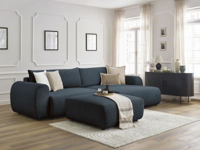 Canapé d'angle convertible coffre LUCIEN tissu lisse avec pouf