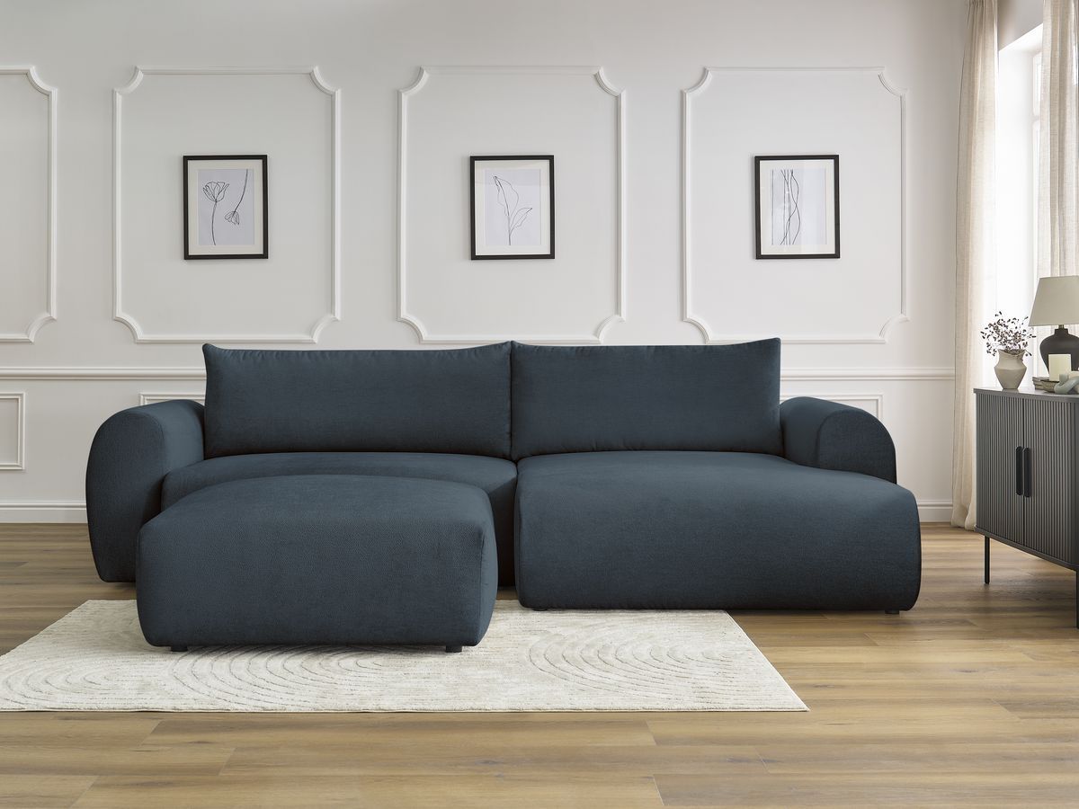 Canapé d'angle convertible coffre LUCIEN lisse avec pouf bleu foncé — vue 5