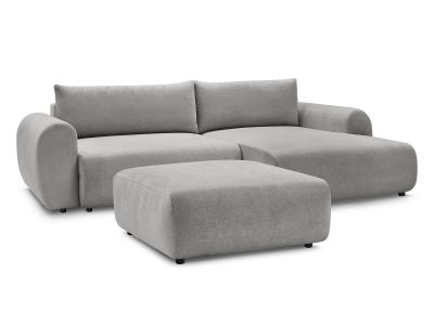 Canapé d'angle convertible coffre LUCIEN tissu lisse avec pouf