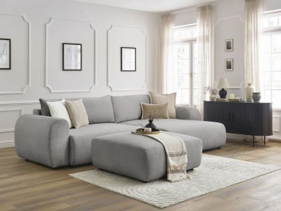Canapé d'angle convertible coffre LUCIEN tissu lisse avec pouf