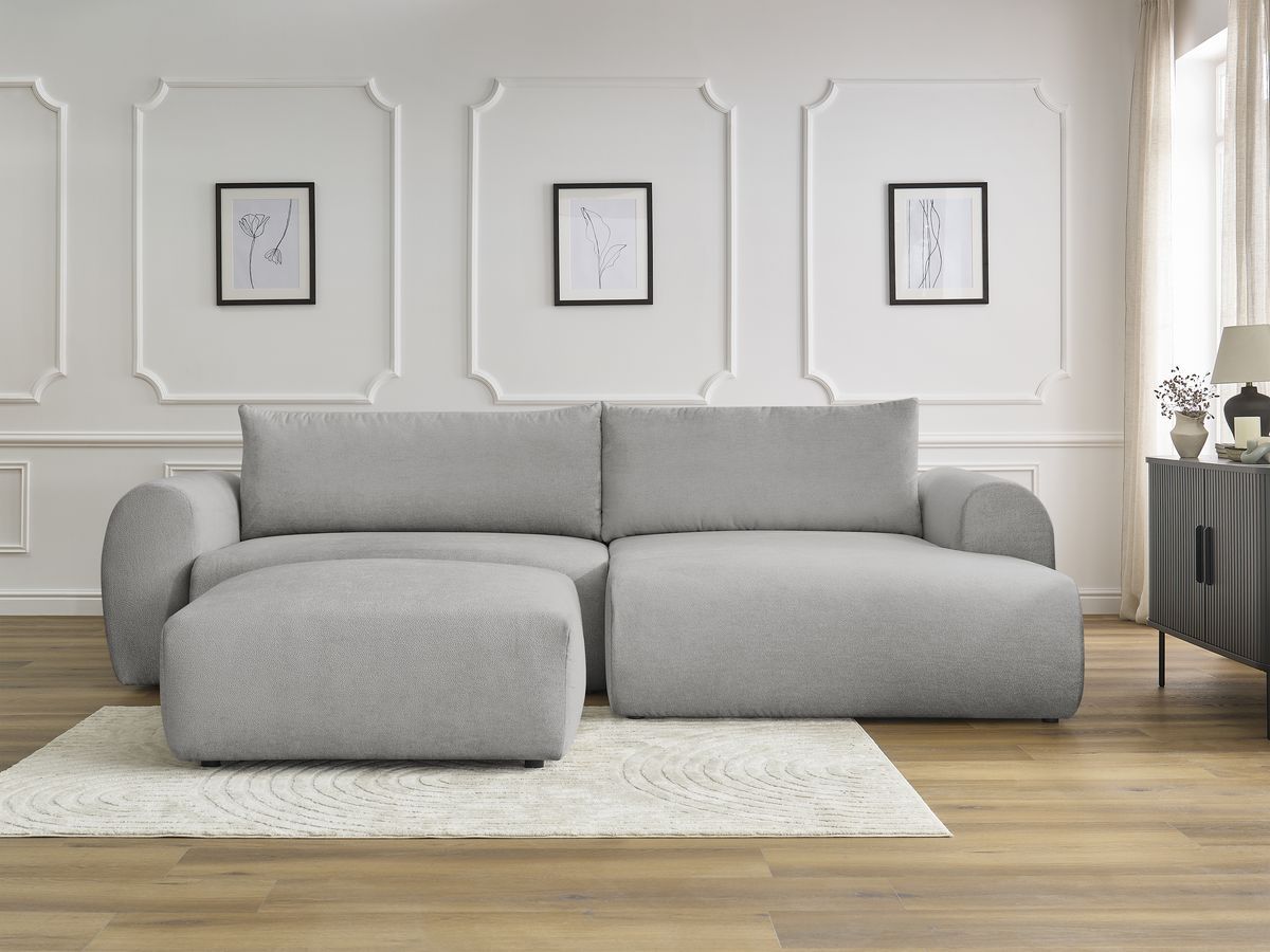 Canapé d'angle convertible coffre LUCIEN lisse avec pouf gris clair — vue 5