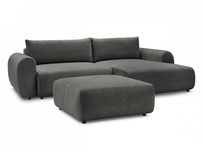 Canapé d'angle convertible coffre LUCIEN tissu lisse avec pouf