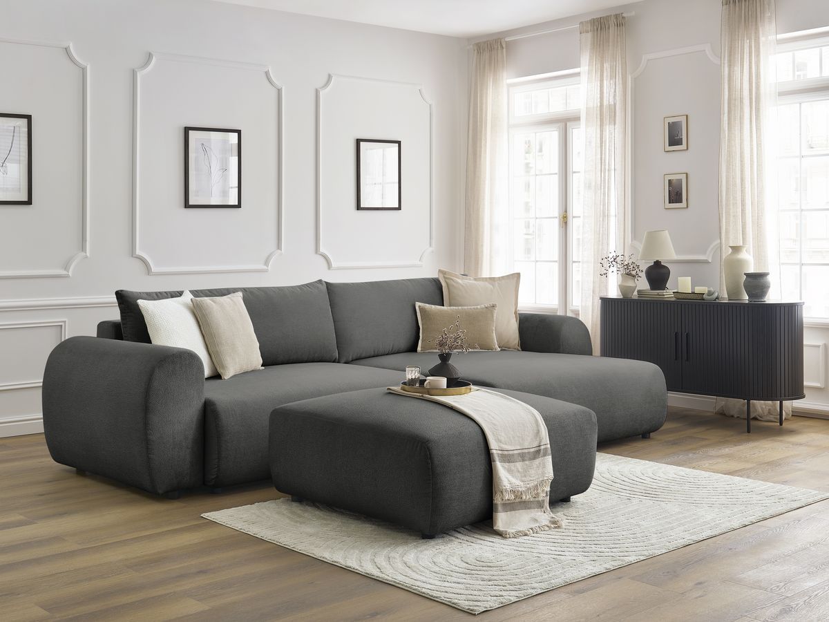 Canapé d'angle convertible coffre LUCIEN lisse avec pouf gris foncé