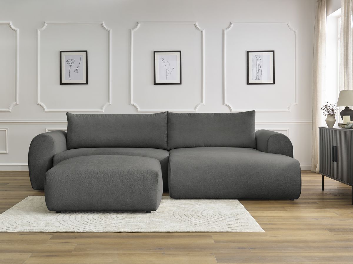 Canapé d'angle convertible coffre LUCIEN lisse avec pouf gris foncé — vue 5