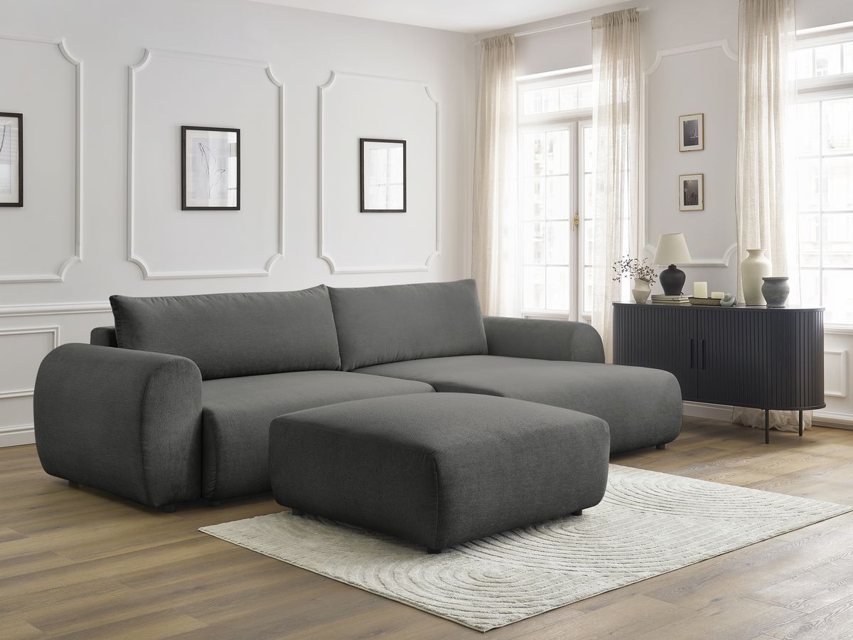 Canapé d'angle convertible coffre LUCIEN lisse avec pouf gris foncé — vue 6