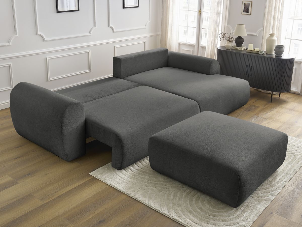LUCIEN omvormbare hoekbank met opbergvak, gladde stof en poef