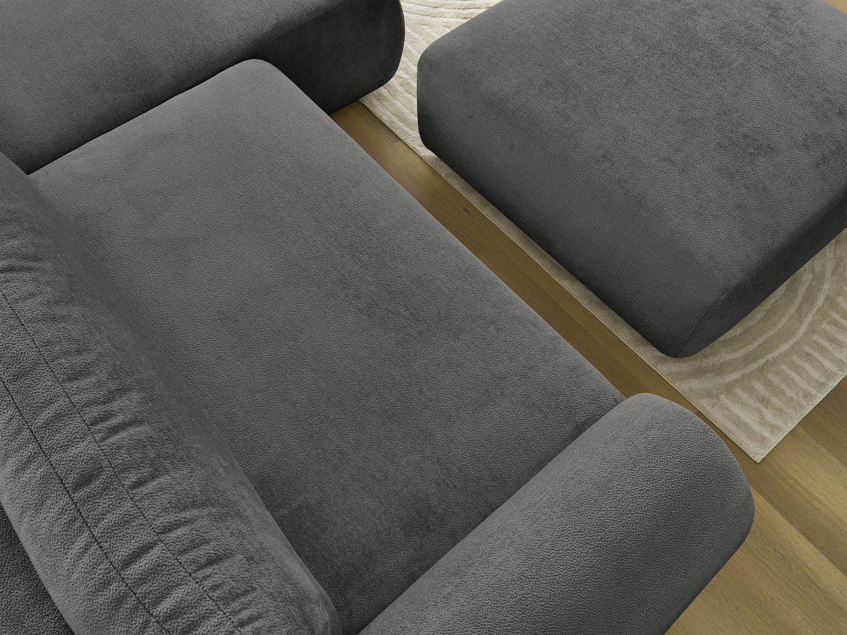 LUCIEN omvormbare hoekbank met opbergvak, gladde stof en poef