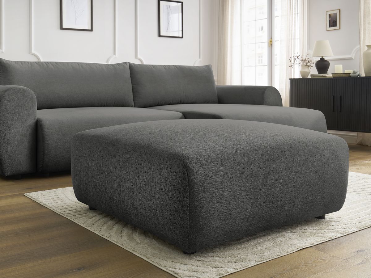 LUCIEN omvormbare hoekbank met opbergvak, gladde stof en poef