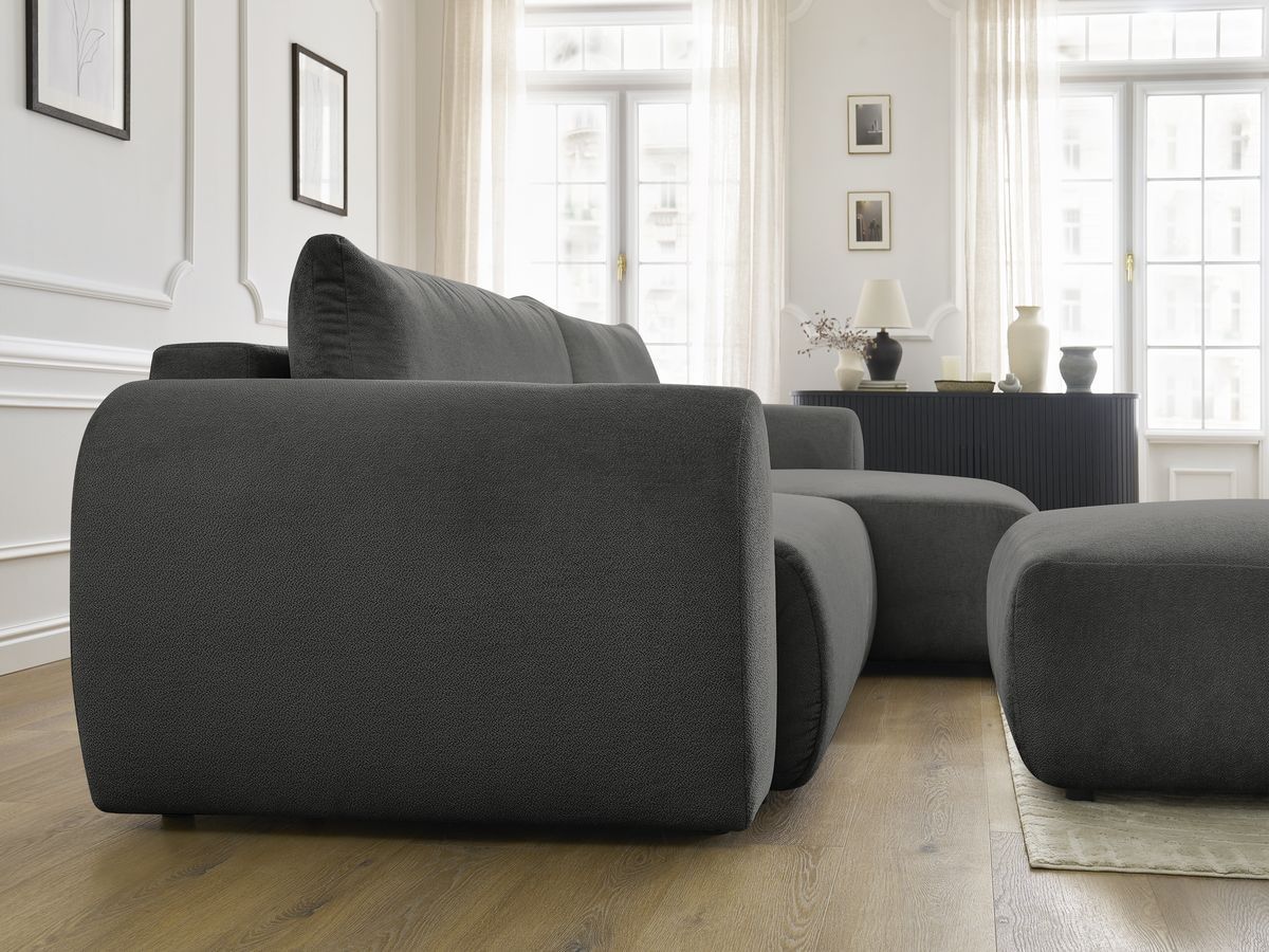 LUCIEN omvormbare hoekbank met opbergvak, gladde stof en poef