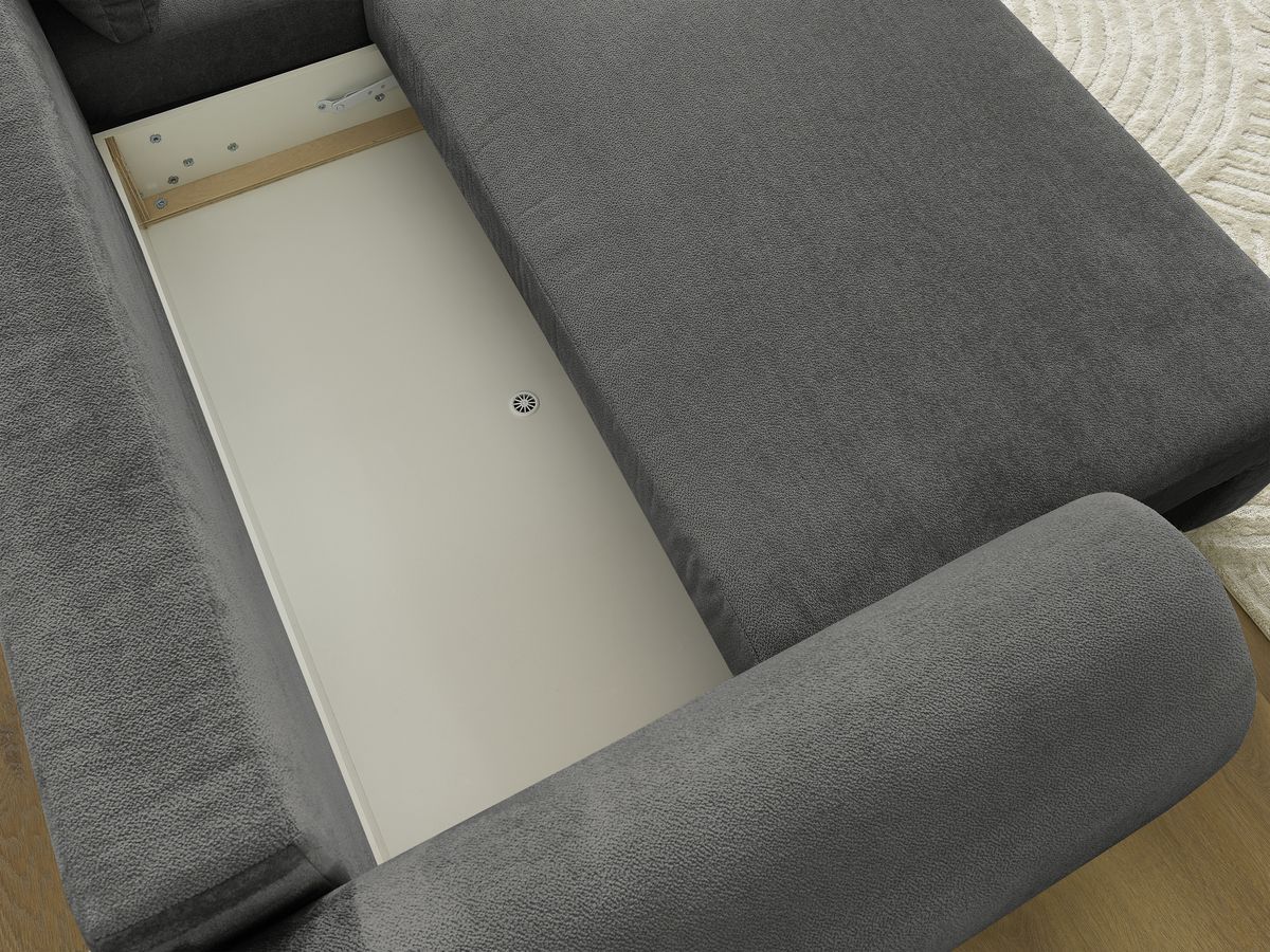 LUCIEN omvormbare hoekbank met opbergvak, gladde stof en poef