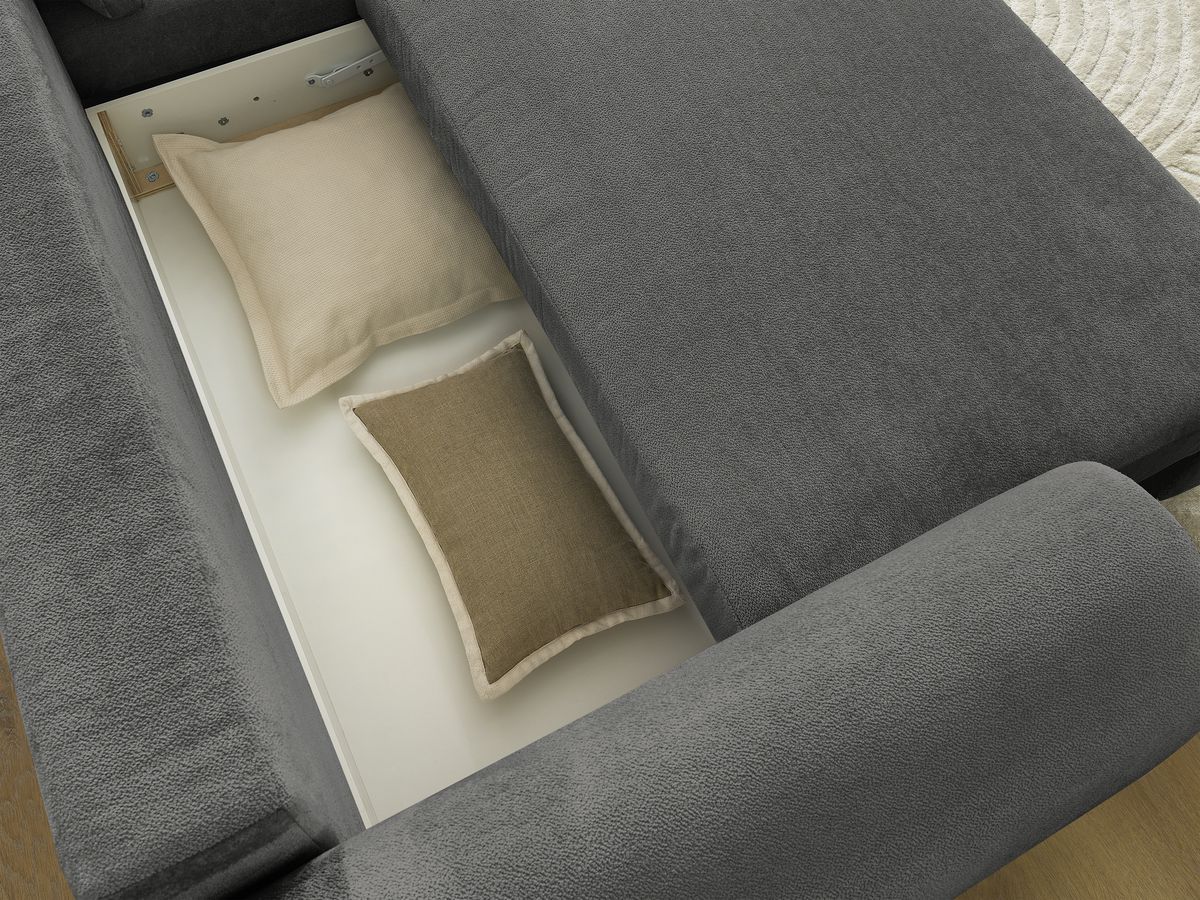 LUCIEN omvormbare hoekbank met opbergvak, gladde stof en poef