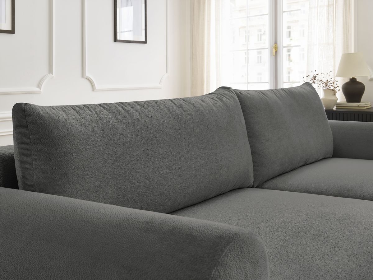 LUCIEN omvormbare hoekbank met opbergvak, gladde stof en poef