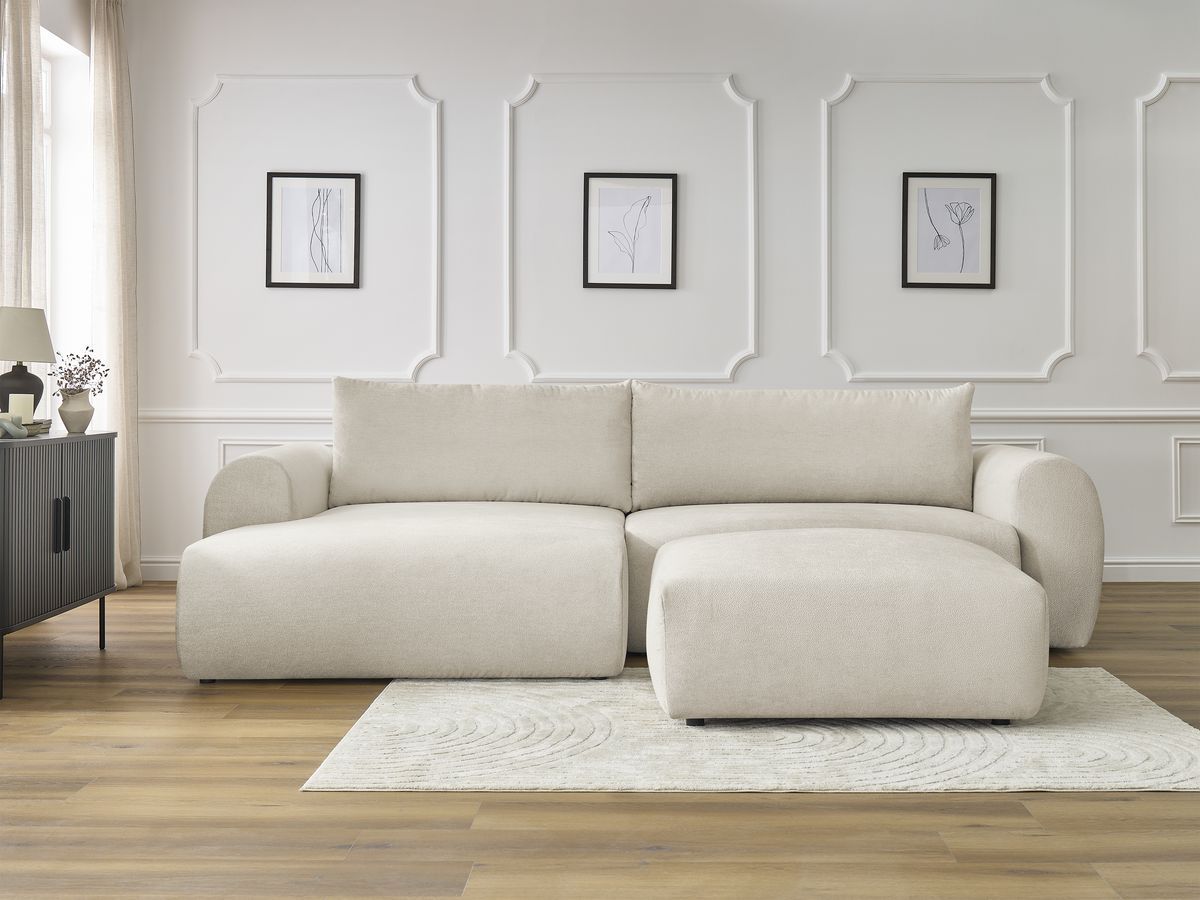 Canapé d'angle convertible coffre LUCIEN tissu lisse avec pouf beige angle gauche BOBOCHIC 5 places - Vue supplémentaire 3