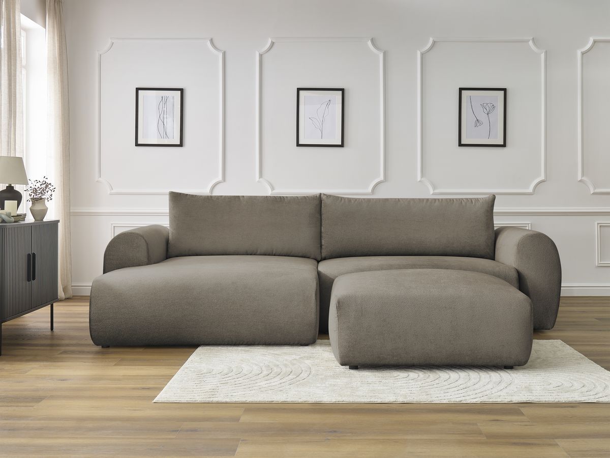 Canapé d'angle convertible coffre LUCIEN tissu lisse avec pouf taupe angle gauche BOBOCHIC 5 places - Vue supplémentaire 3