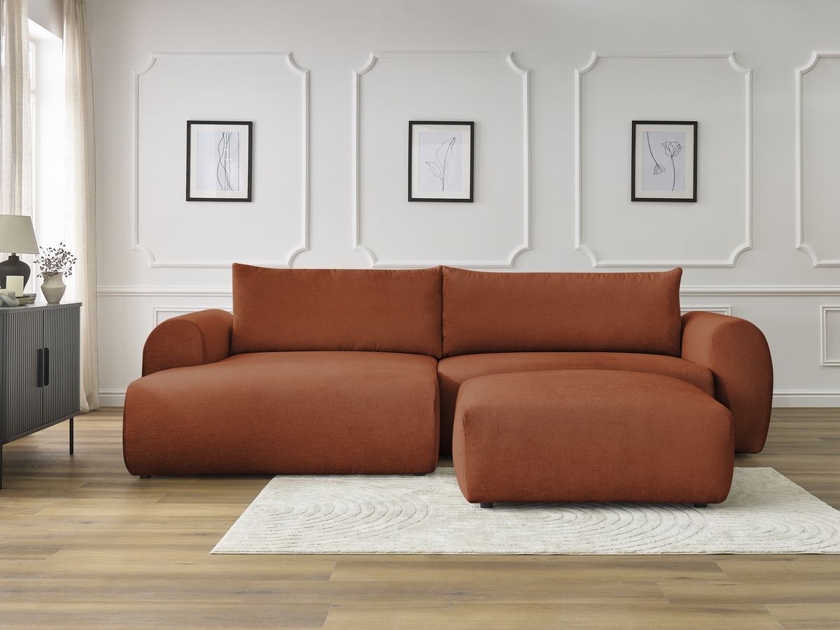 Canapé d'angle convertible coffre LUCIEN tissu lisse avec pouf orange angle gauche BOBOCHIC 5 places - Vue supplémentaire 3