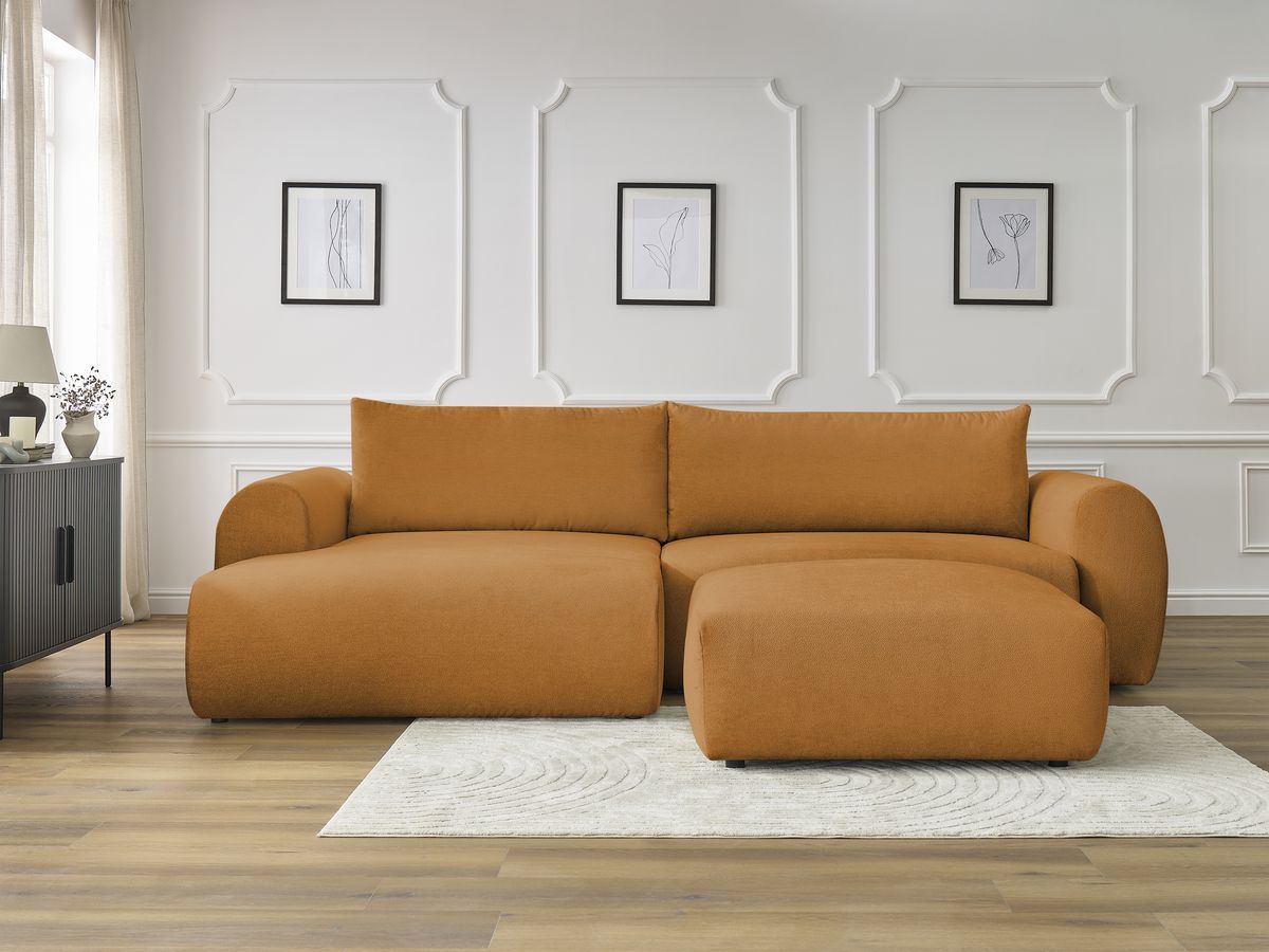 Canapé d'angle convertible coffre LUCIEN tissu lisse avec pouf jaune angle gauche BOBOCHIC 5 places - Vue supplémentaire 3