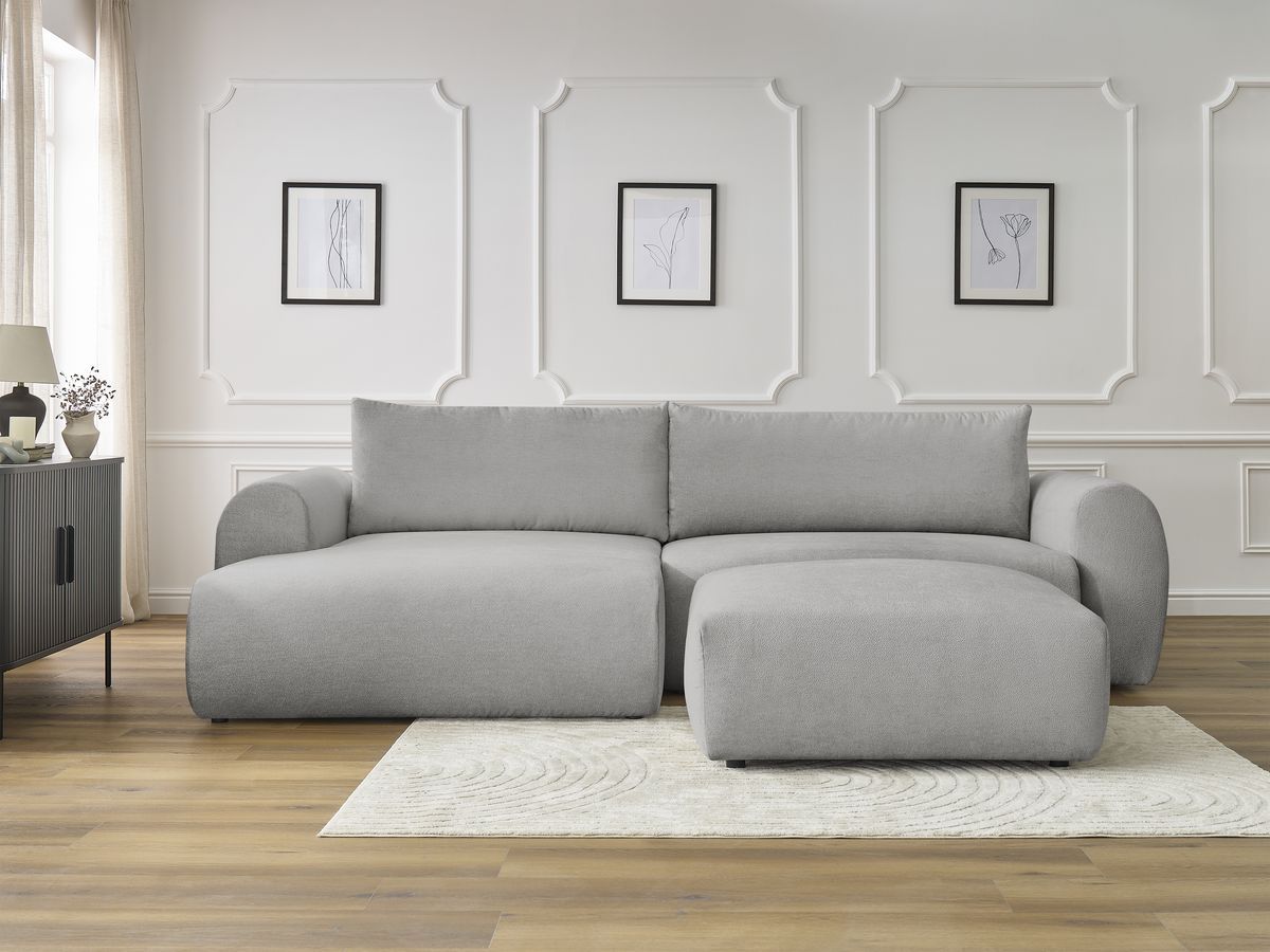 Canapé d'angle convertible coffre LUCIEN tissu lisse avec pouf gris clair angle gauche BOBOCHIC 5 places - Vue supplémentaire 3