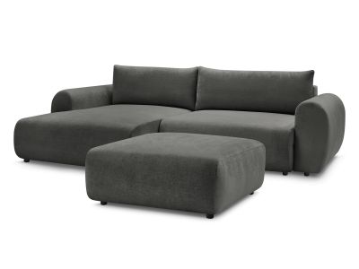 Canapé d'angle convertible coffre LUCIEN tissu lisse avec pouf