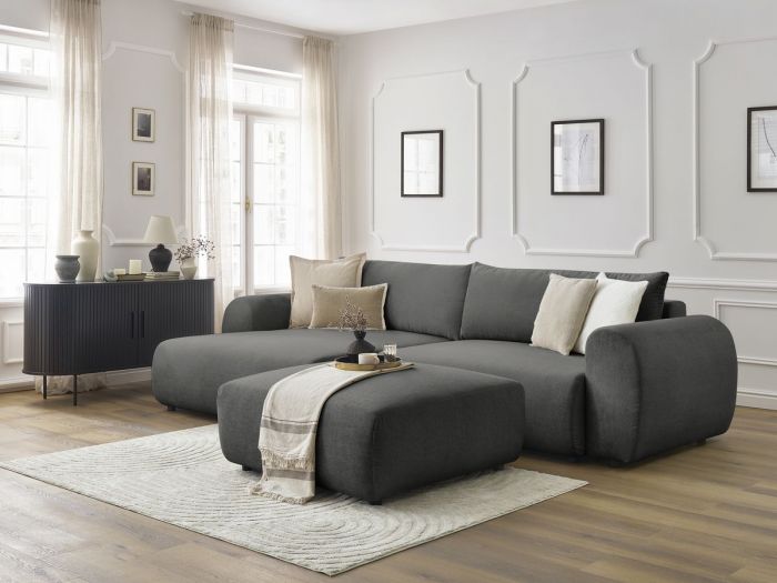 Canapé d'angle convertible coffre LUCIEN tissu lisse avec pouf