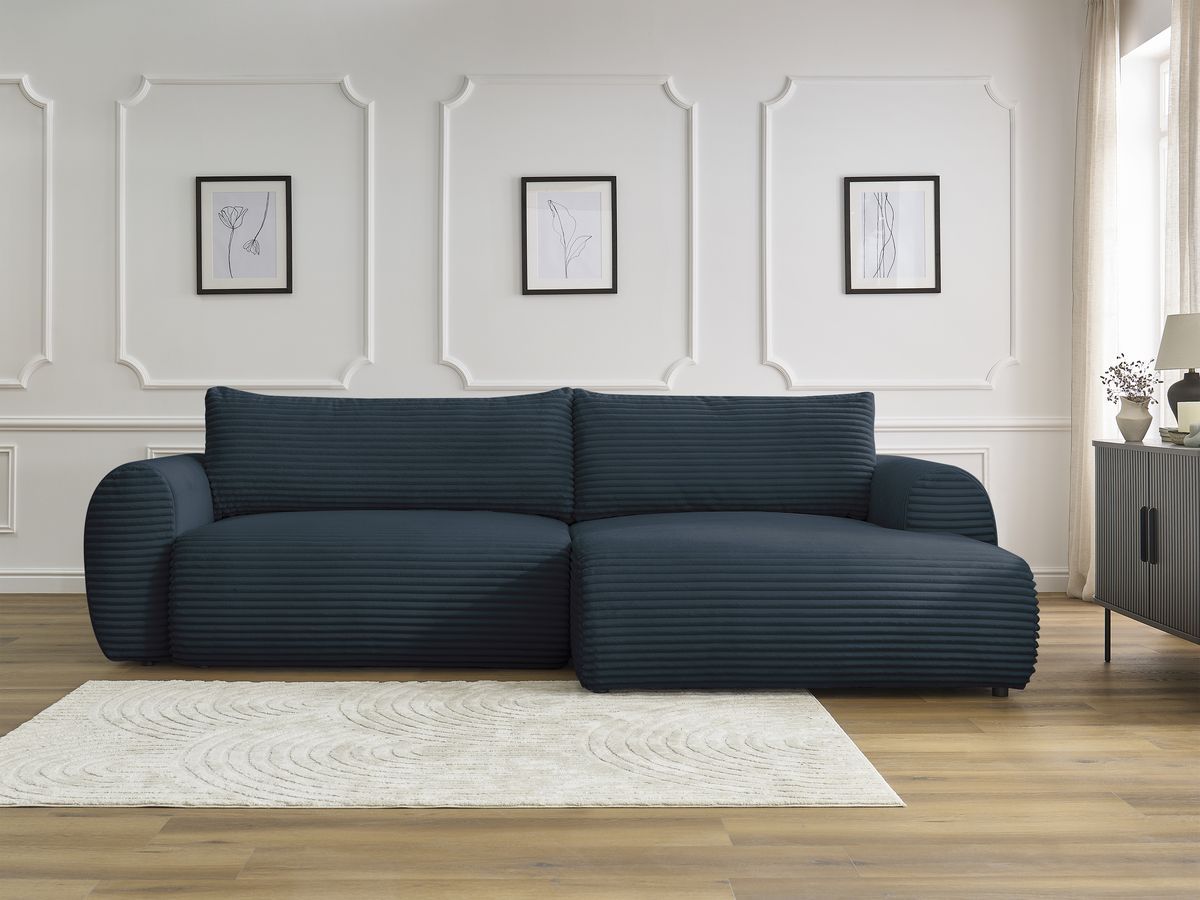 Canapé d'angle convertible coffre LUCIEN gros côtelé doux bleu foncé — vue 5