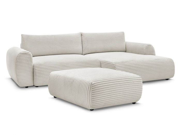 Canapé d'angle convertible coffre LUCIEN gros côtelé doux avec pouf