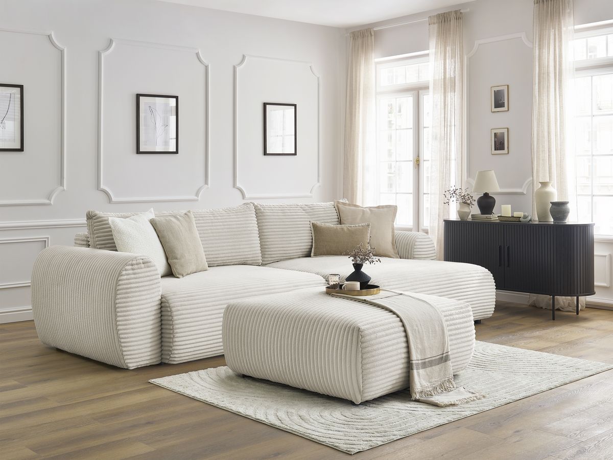 Canapé d'angle convertible coffre LUCIEN gros côtelé doux avec pouf