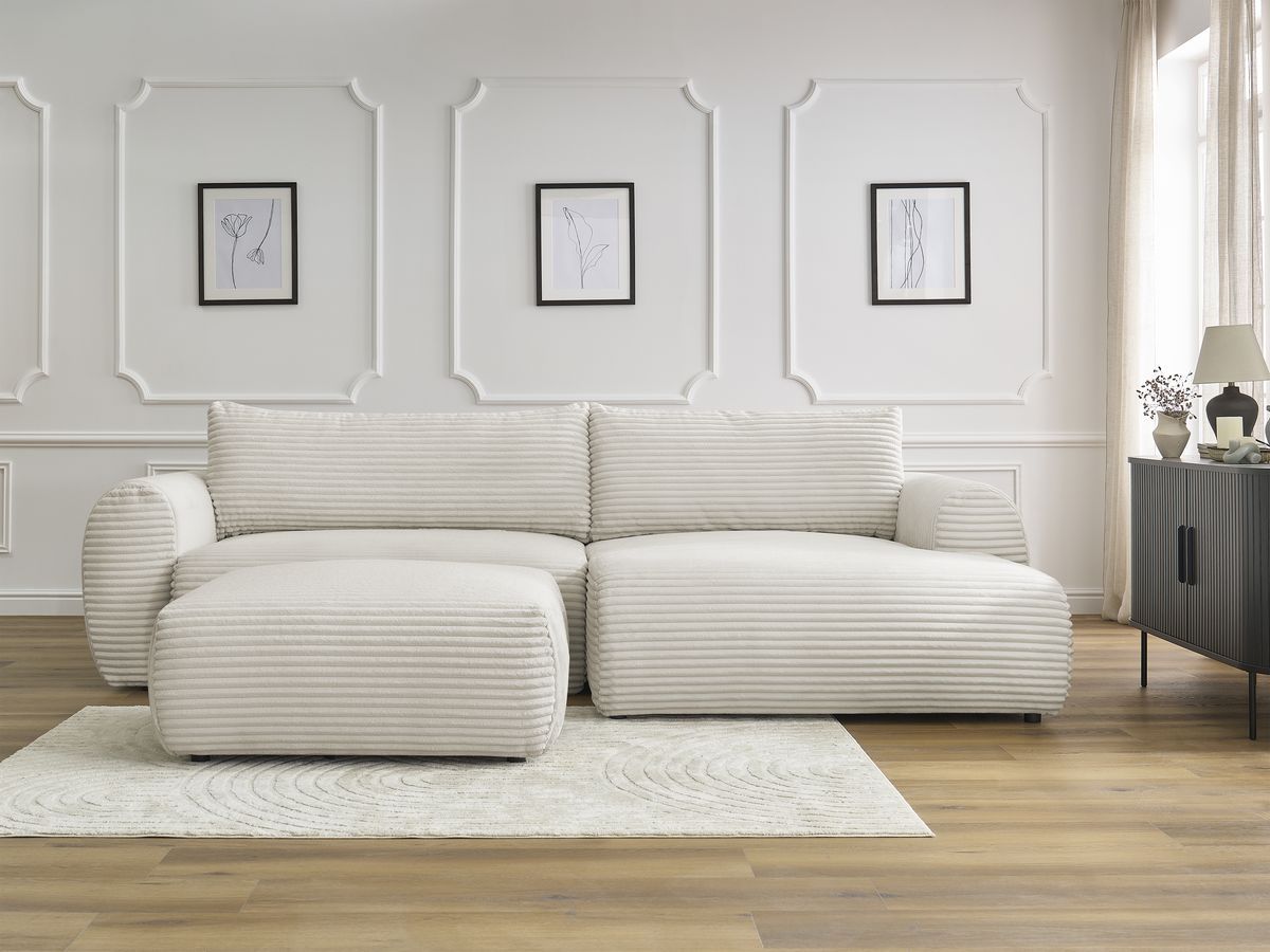 Canapé d'angle convertible coffre LUCIEN gros côtelé doux avec pouf beige — vue 5