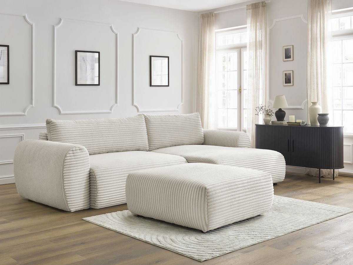 Canapé d'angle convertible coffre LUCIEN gros côtelé doux avec pouf