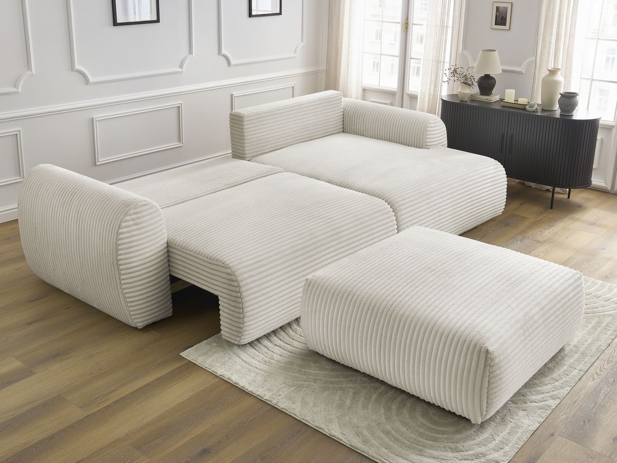 Canapé d'angle convertible coffre LUCIEN gros côtelé doux avec pouf