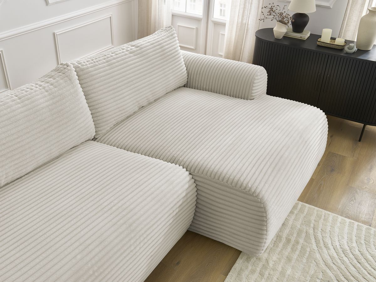 Canapé d'angle convertible coffre LUCIEN gros côtelé doux avec pouf