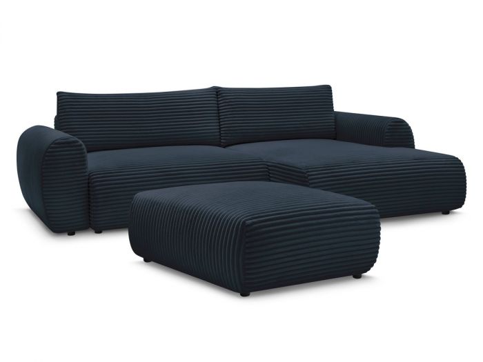 Canapé d'angle convertible coffre LUCIEN gros côtelé doux avec pouf