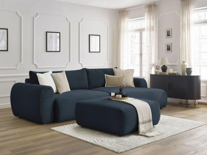 Canapé d'angle convertible coffre LUCIEN gros côtelé doux avec pouf