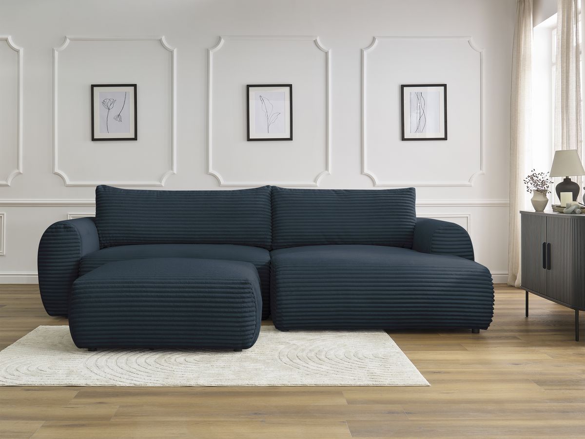 Canapé d'angle convertible coffre LUCIEN gros côtelé doux avec pouf bleu foncé — vue 5